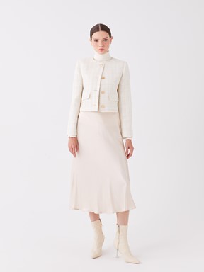 Bisiklet Yaka Ekose Uzun Kollu Kadın Ceket EKRU