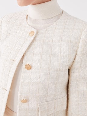 Bisiklet Yaka Ekose Uzun Kollu Kadın Ceket EKRU