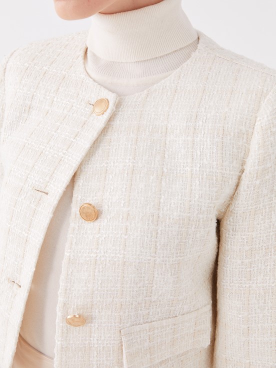 Bisiklet Yaka Ekose Uzun Kollu Kadın Ceket EKRU