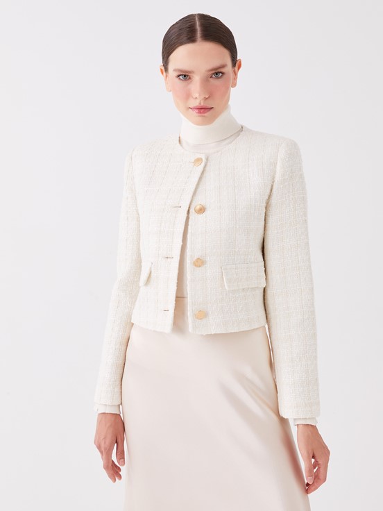 Bisiklet Yaka Ekose Uzun Kollu Kadın Ceket EKRU