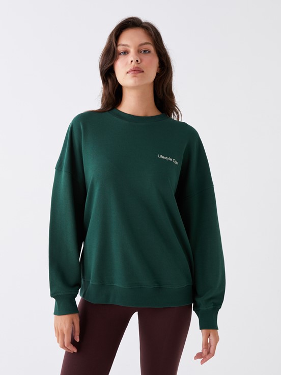 LCW CLASSIC Bisiklet Yaka Nakışlı Uzun Kollu Oversize Kadın Sweatshirt KOYU YEŞİL