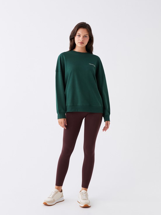 LCW CLASSIC Bisiklet Yaka Nakışlı Uzun Kollu Oversize Kadın Sweatshirt KOYU YEŞİL