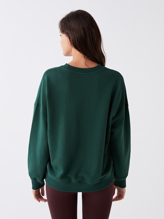 LCW CLASSIC Bisiklet Yaka Nakışlı Uzun Kollu Oversize Kadın Sweatshirt KOYU YEŞİL