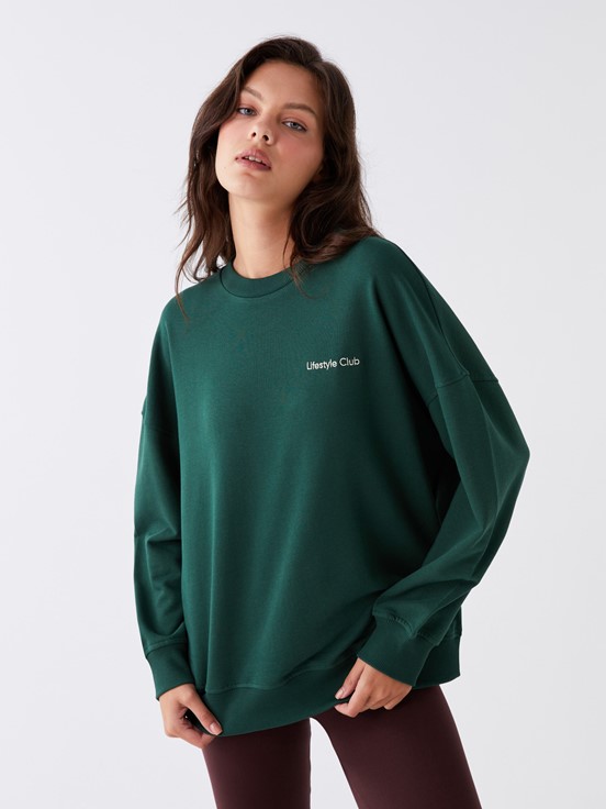 LCW CLASSIC Bisiklet Yaka Nakışlı Uzun Kollu Oversize Kadın Sweatshirt KOYU YEŞİL