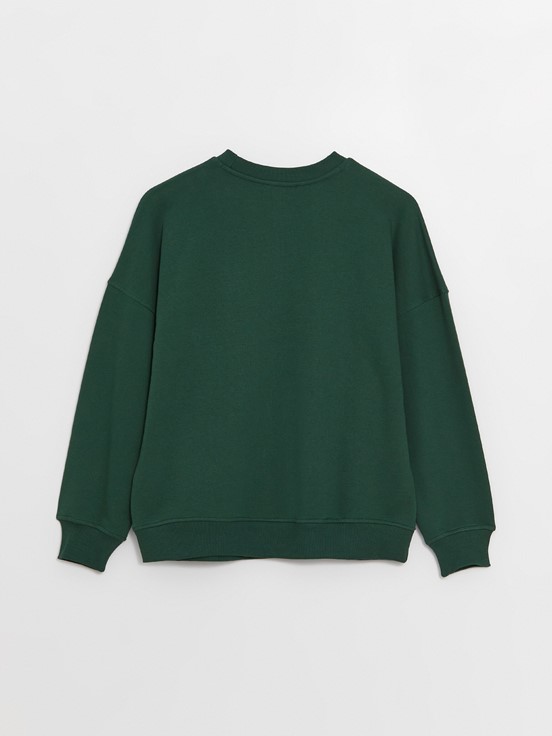 LCW CLASSIC Bisiklet Yaka Nakışlı Uzun Kollu Oversize Kadın Sweatshirt KOYU YEŞİL