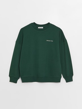 LCW CLASSIC Bisiklet Yaka Nakışlı Uzun Kollu Oversize Kadın Sweatshirt KOYU YEŞİL