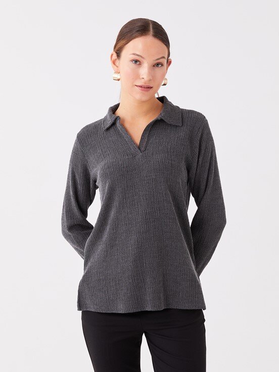 LCW CASUAL Polo Yaka Düz Uzun Kollu Kadın Tişört YENİ SİYAH