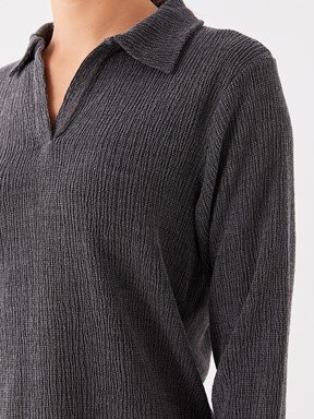 LCW CASUAL Polo Yaka Düz Uzun Kollu Kadın Tişört YENİ SİYAH