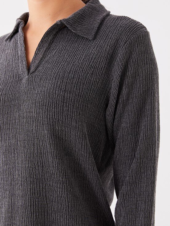 LCW CASUAL Polo Yaka Düz Uzun Kollu Kadın Tişört YENİ SİYAH