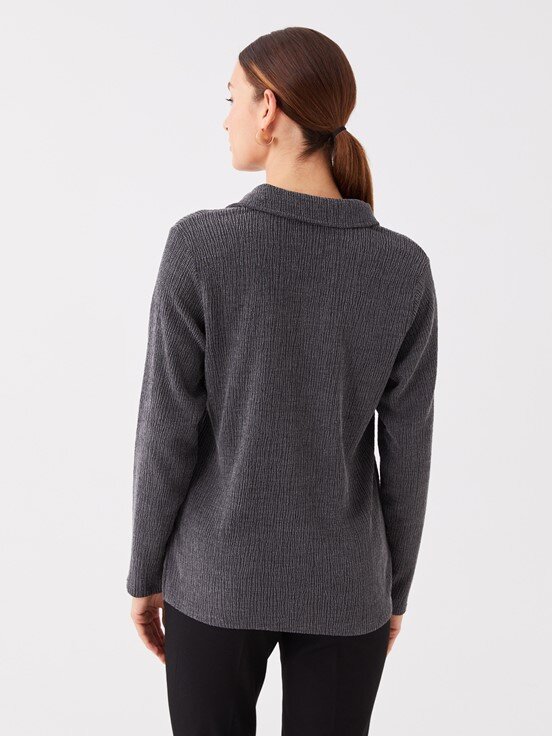 LCW CASUAL Polo Yaka Düz Uzun Kollu Kadın Tişört YENİ SİYAH