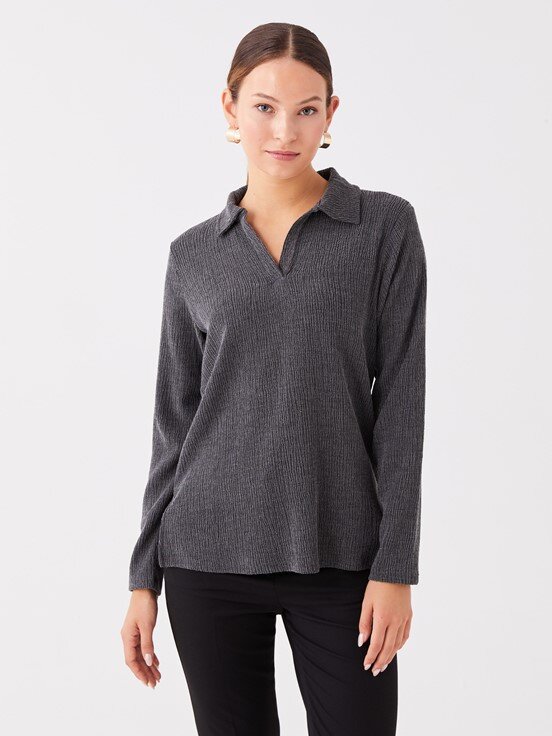 LCW CASUAL Polo Yaka Düz Uzun Kollu Kadın Tişört YENİ SİYAH