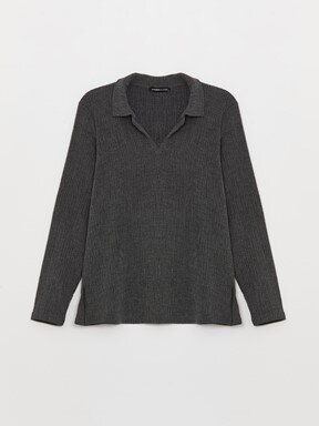 LCW CASUAL Polo Yaka Düz Uzun Kollu Kadın Tişört YENİ SİYAH