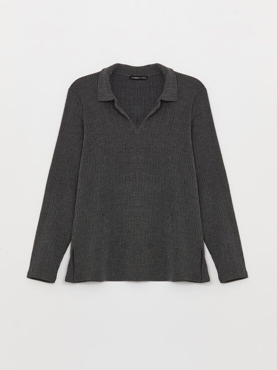 LCW CASUAL Polo Yaka Düz Uzun Kollu Kadın Tişört YENİ SİYAH