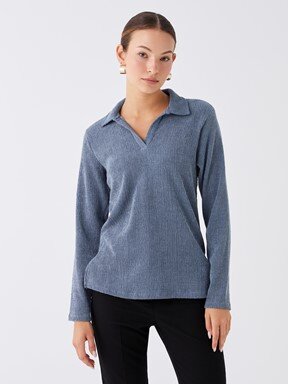 LCW CASUAL Polo Yaka Düz Uzun Kollu Kadın Tişört YENİ SİYAH