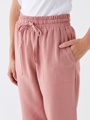 Beli Lastikli Düz Keten Karışımlı Kadın Pantolon GÜL KURUSU